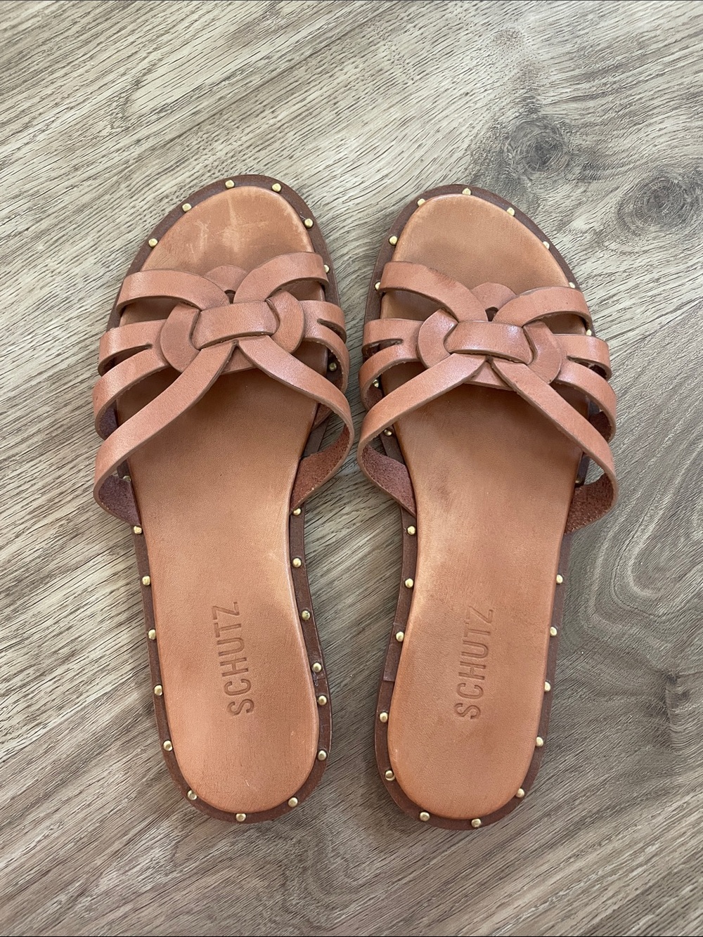 SCHUTZ Cognac Leather Slide Sandals with Gold Studs - Size 6.5